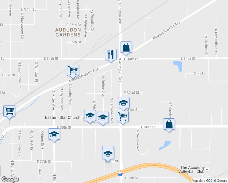 map of restaurants, bars, coffee shops, grocery stores, and more near 5901 East 32nd Street in Indianapolis