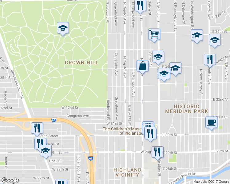 map of restaurants, bars, coffee shops, grocery stores, and more near 3224 Graceland Avenue in Indianapolis