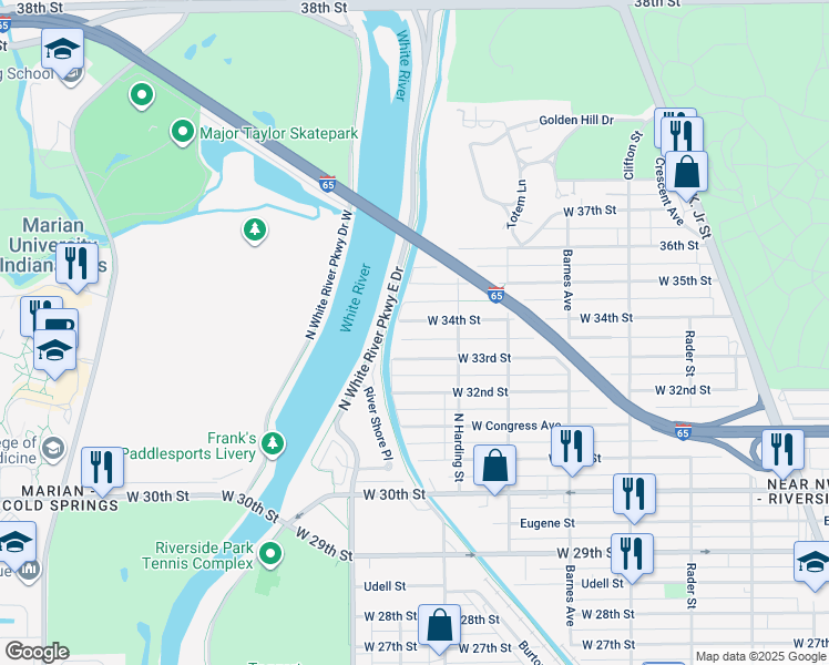 map of restaurants, bars, coffee shops, grocery stores, and more near 1444 West 33rd Street in Indianapolis