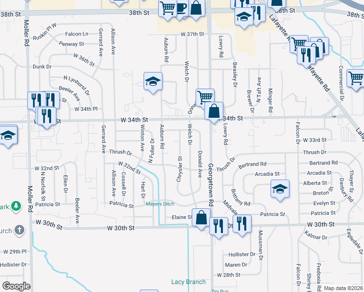 map of restaurants, bars, coffee shops, grocery stores, and more near 3233 Chrysler Street in Indianapolis