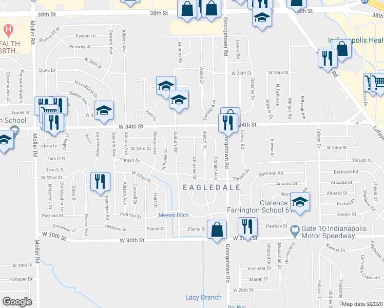 map of restaurants, bars, coffee shops, grocery stores, and more near 3233 Chrysler Street in Indianapolis
