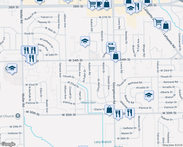 map of restaurants, bars, coffee shops, grocery stores, and more near 2 George Court in Indianapolis