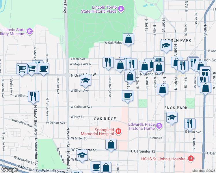 map of restaurants, bars, coffee shops, grocery stores, and more near 301-399 Elliott Ave in Springfield