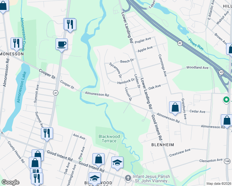 map of restaurants, bars, coffee shops, grocery stores, and more near 564 Almonesson Road in Camden County