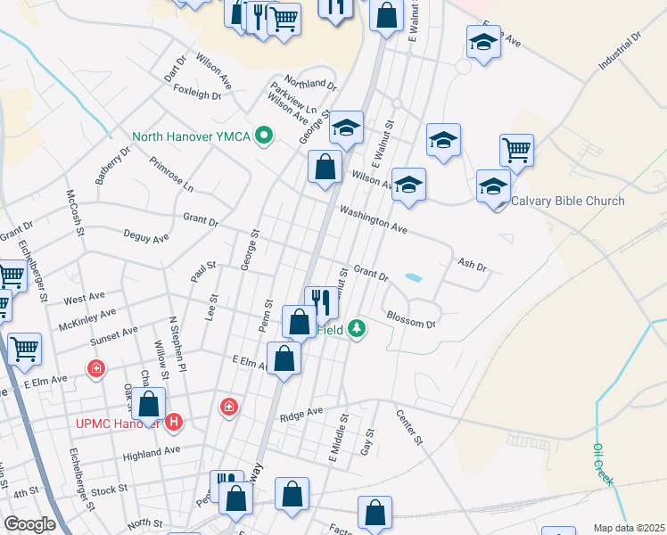 map of restaurants, bars, coffee shops, grocery stores, and more near 541 Grant Drive in Hanover