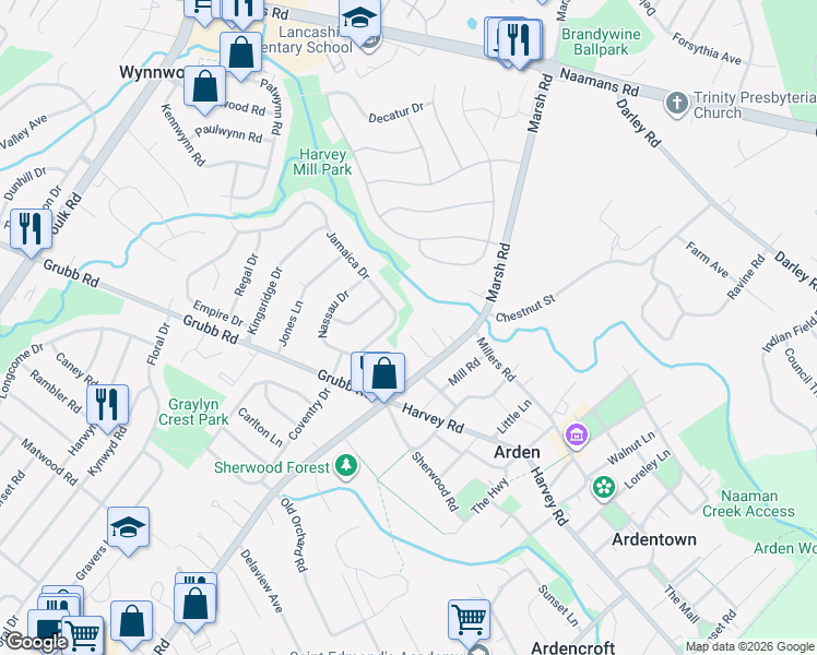 map of restaurants, bars, coffee shops, grocery stores, and more near 2220 Marsh Road in Wilmington