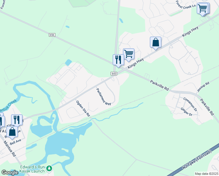 map of restaurants, bars, coffee shops, grocery stores, and more near 1132 Parliament Way in West Deptford