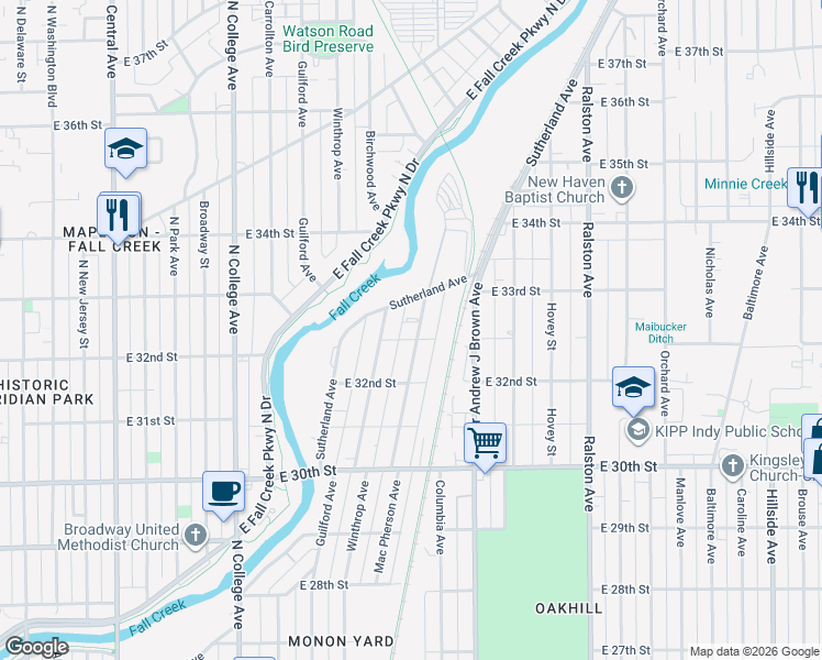map of restaurants, bars, coffee shops, grocery stores, and more near 3241 Winthrop Avenue in Indianapolis