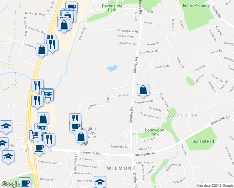 map of restaurants, bars, coffee shops, grocery stores, and more near 3313 Pierson Drive in Wilmington