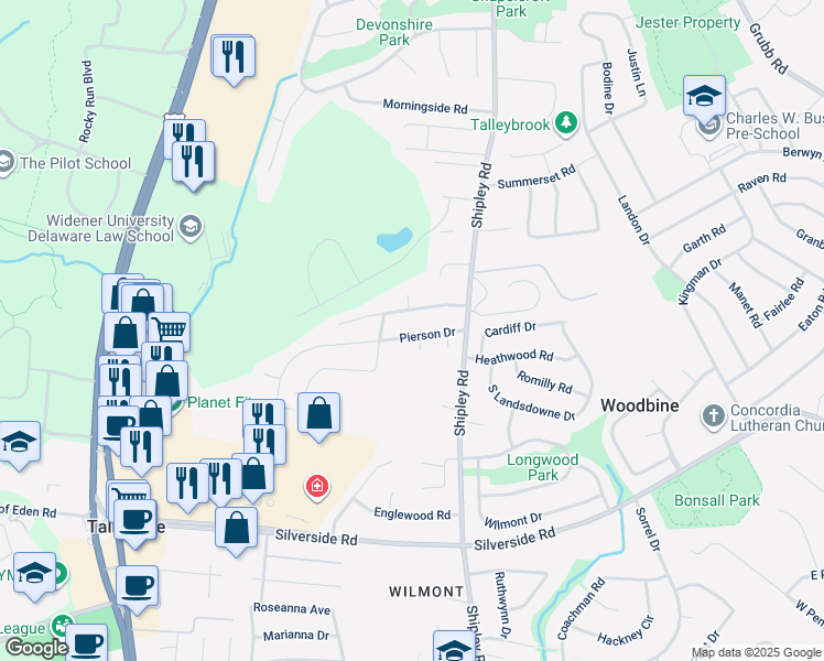map of restaurants, bars, coffee shops, grocery stores, and more near 3313 Pierson Drive in Wilmington