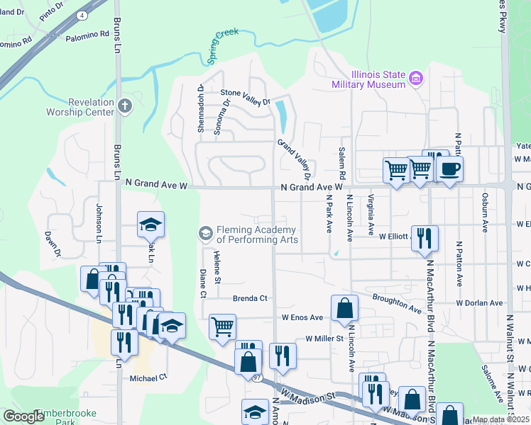 map of restaurants, bars, coffee shops, grocery stores, and more near 1103 North Amos Avenue in Springfield