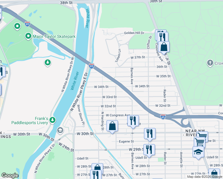 map of restaurants, bars, coffee shops, grocery stores, and more near 1302 West 33rd Street in Indianapolis