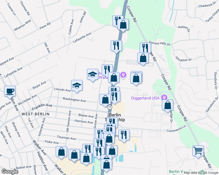map of restaurants, bars, coffee shops, grocery stores, and more near 510 New Jersey 73 in West Berlin
