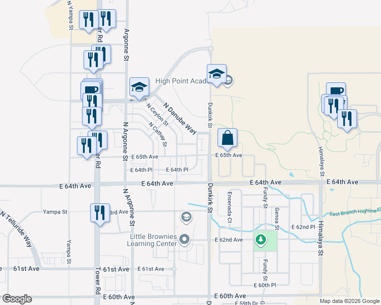 map of restaurants, bars, coffee shops, grocery stores, and more near 6492 North Ceylon Court in Denver