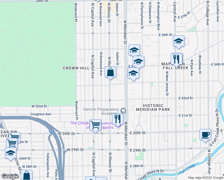 map of restaurants, bars, coffee shops, grocery stores, and more near 3245 North Illinois Street in Indianapolis