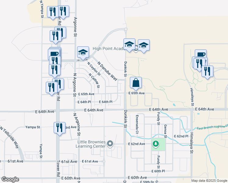 map of restaurants, bars, coffee shops, grocery stores, and more near 6492 North Ceylon Court in Denver
