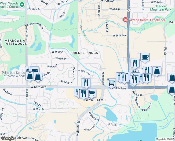map of restaurants, bars, coffee shops, grocery stores, and more near 15423 West 65th Avenue in Arvada