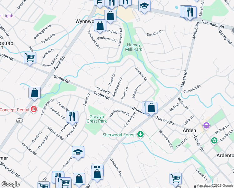 map of restaurants, bars, coffee shops, grocery stores, and more near 2202 Jones Lane in Wilmington