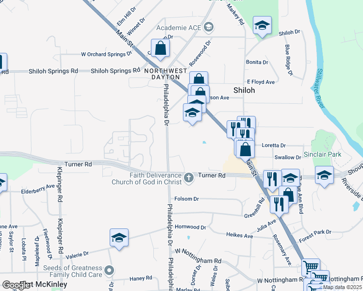 map of restaurants, bars, coffee shops, grocery stores, and more near 5040 Philadelphia Drive in Dayton
