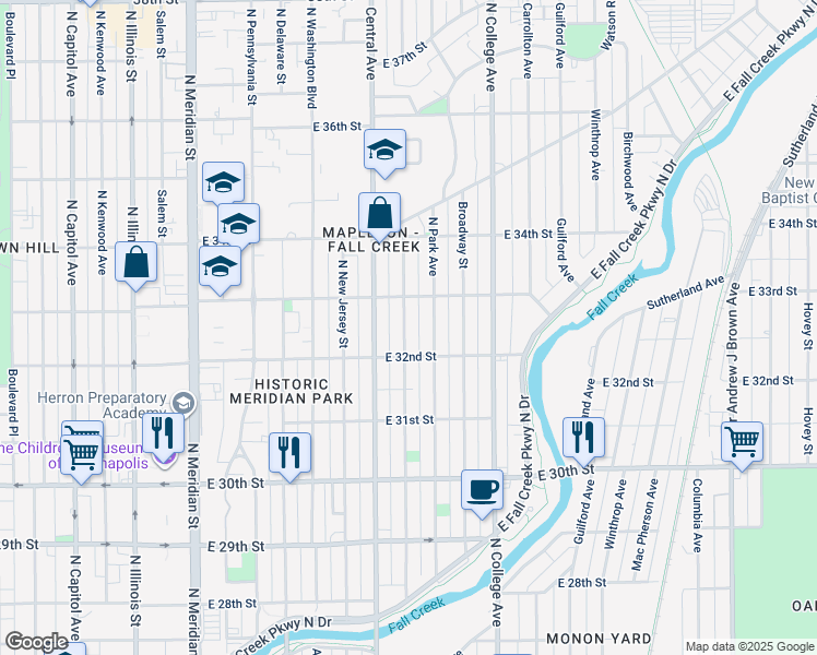 map of restaurants, bars, coffee shops, grocery stores, and more near 3215 Ruckle Street in Indianapolis