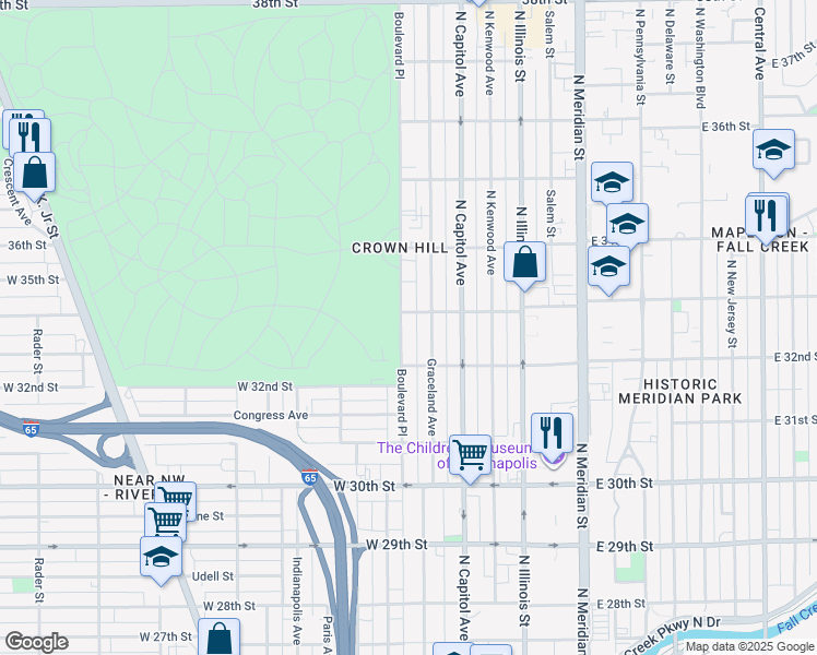 map of restaurants, bars, coffee shops, grocery stores, and more near 3224 Graceland Avenue in Indianapolis