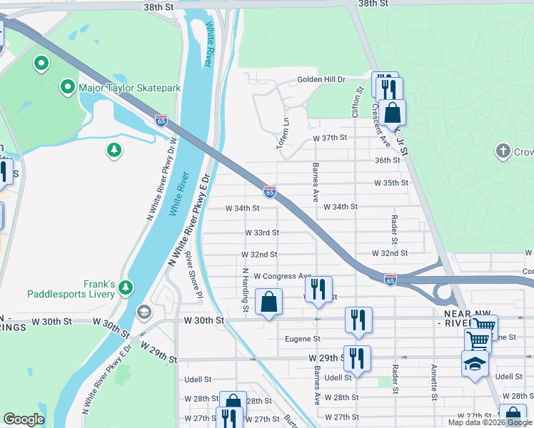 map of restaurants, bars, coffee shops, grocery stores, and more near 1302 West 33rd Street in Indianapolis