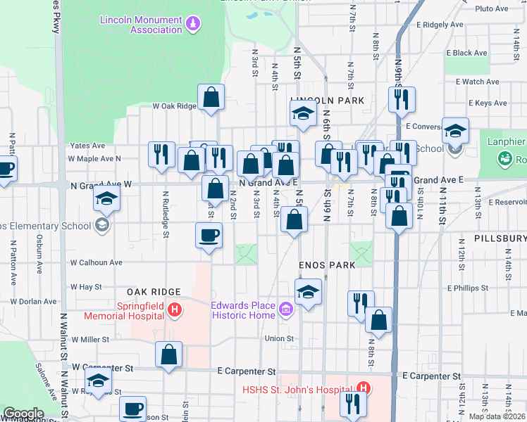 map of restaurants, bars, coffee shops, grocery stores, and more near 1123 North 3rd Street in Springfield