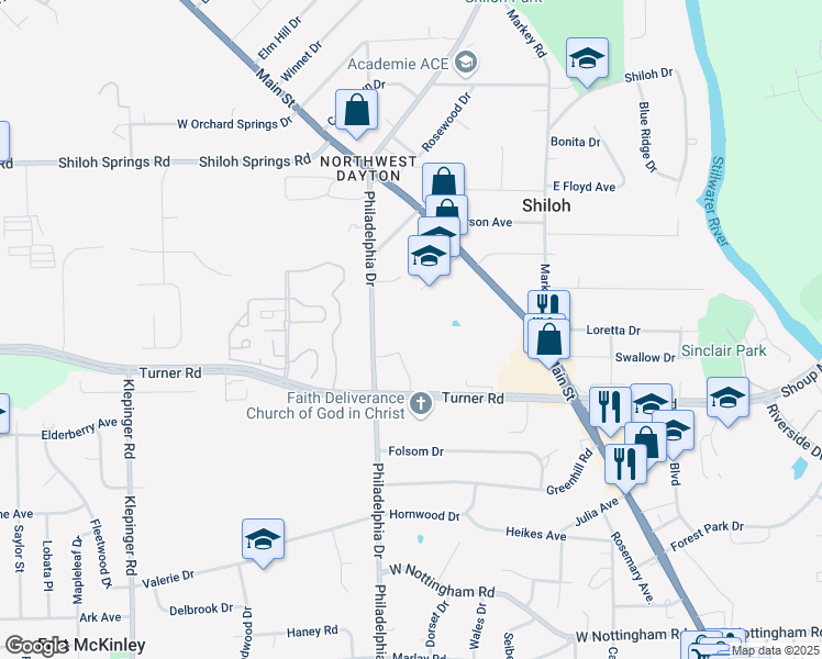 map of restaurants, bars, coffee shops, grocery stores, and more near 5040 Philadelphia Drive in Dayton
