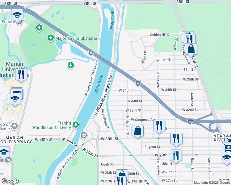 map of restaurants, bars, coffee shops, grocery stores, and more near 1444 West 33rd Street in Indianapolis