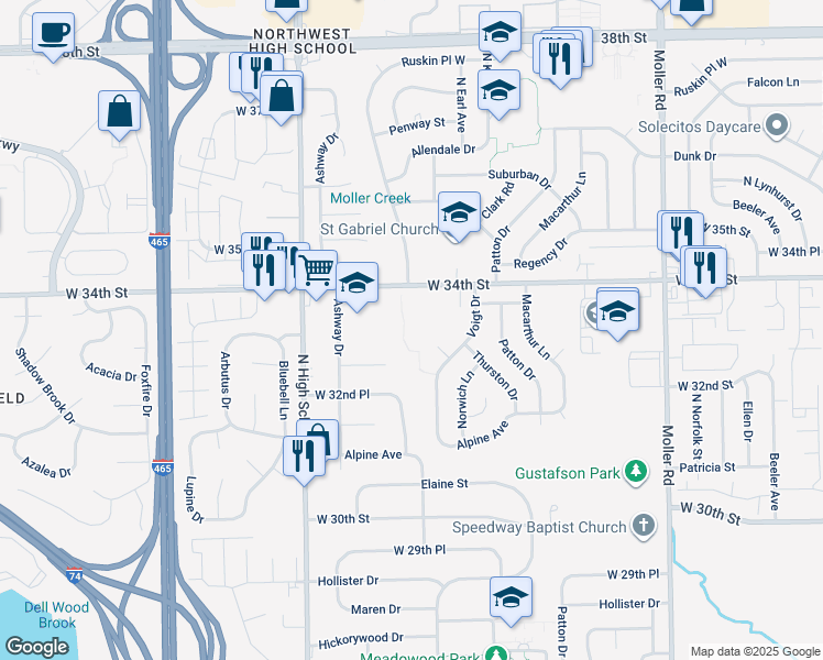 map of restaurants, bars, coffee shops, grocery stores, and more near 3307 Ashway Drive in Indianapolis