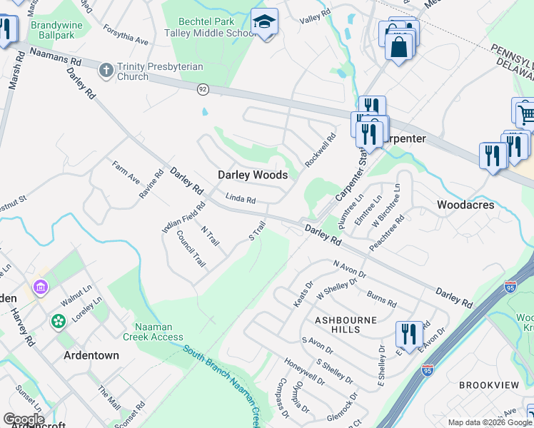 map of restaurants, bars, coffee shops, grocery stores, and more near 2nd Avenue in Wilmington