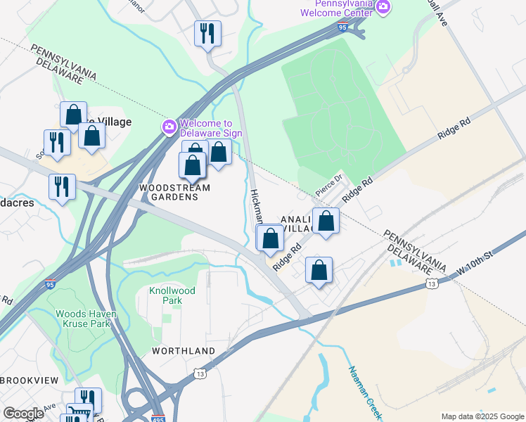 map of restaurants, bars, coffee shops, grocery stores, and more near 1 Hickman Road in Claymont