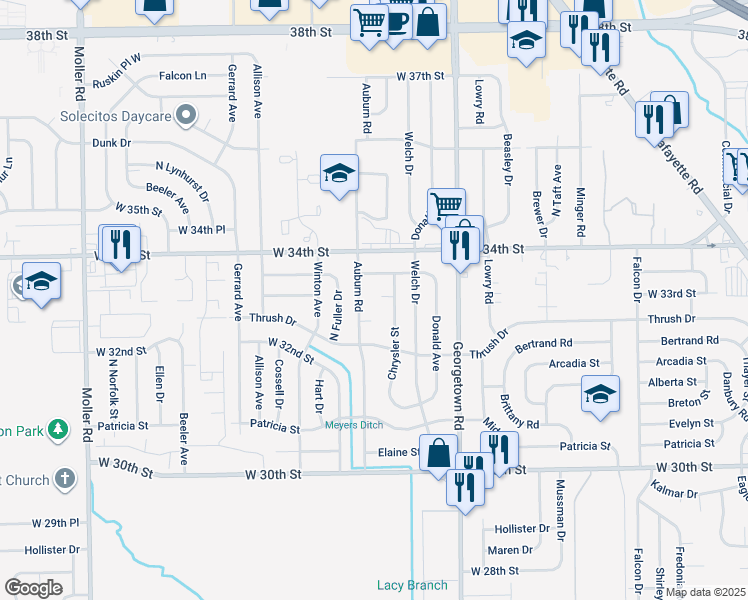 map of restaurants, bars, coffee shops, grocery stores, and more near 5 Tousley Court in Indianapolis
