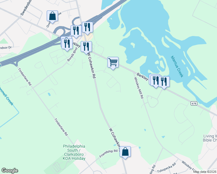 map of restaurants, bars, coffee shops, grocery stores, and more near 2606 Lamington Court in Clarksboro
