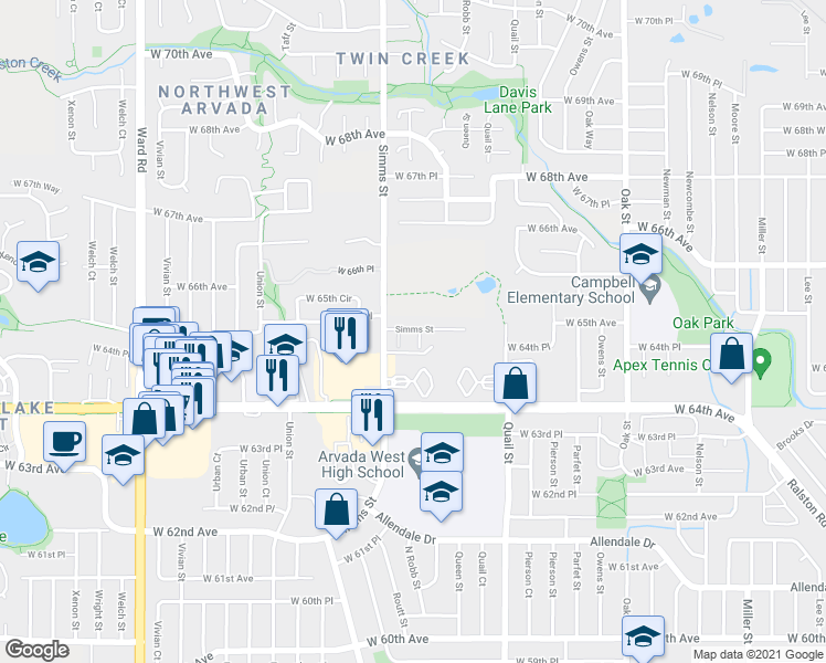 map of restaurants, bars, coffee shops, grocery stores, and more near 6464 Simms Street in Arvada