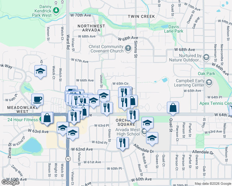 map of restaurants, bars, coffee shops, grocery stores, and more near 6539 Tabor Street in Arvada