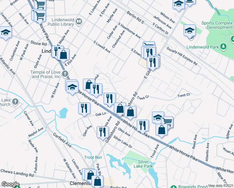 map of restaurants, bars, coffee shops, grocery stores, and more near 56 Holly Street in Lindenwold