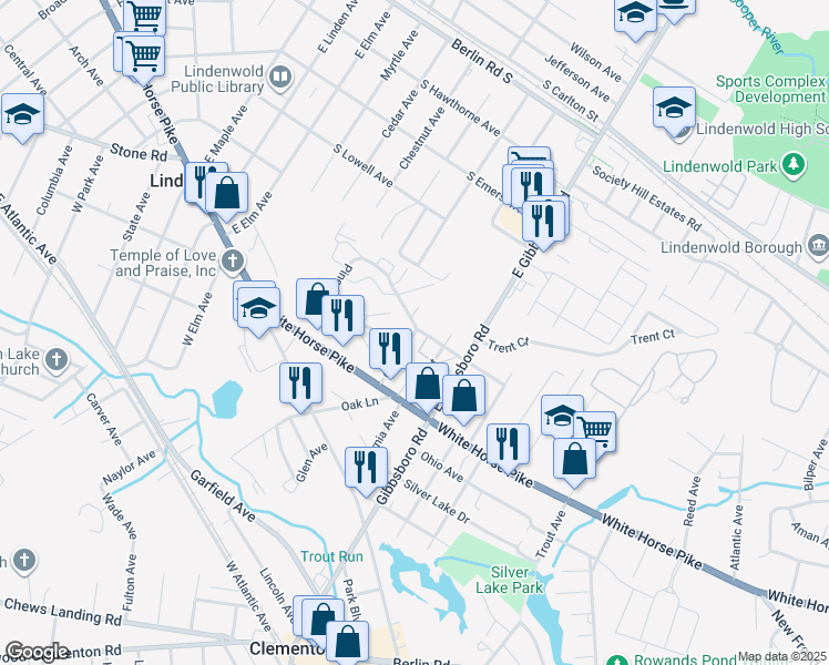 map of restaurants, bars, coffee shops, grocery stores, and more near 56 Holly Street in Lindenwold