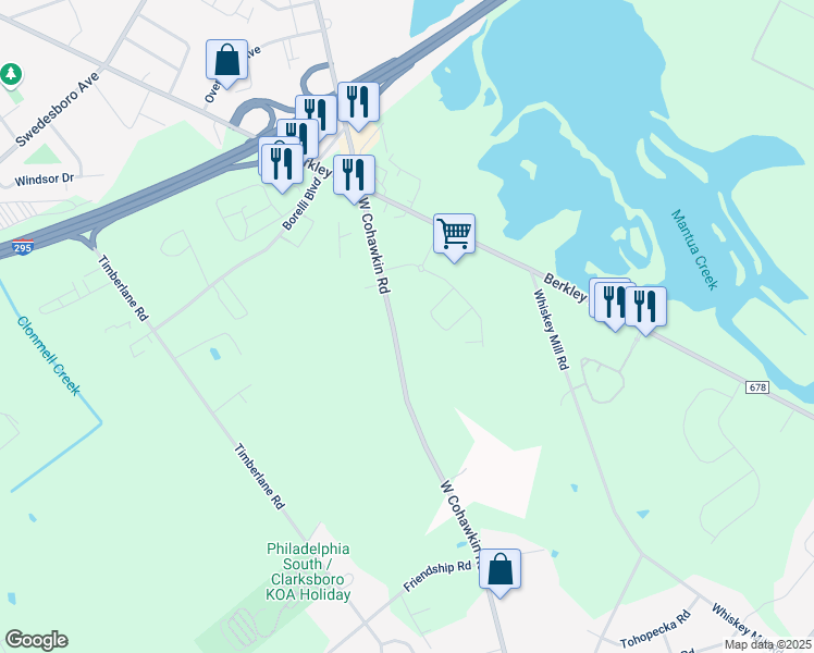 map of restaurants, bars, coffee shops, grocery stores, and more near 141 West Cohawkin Road in Clarksboro