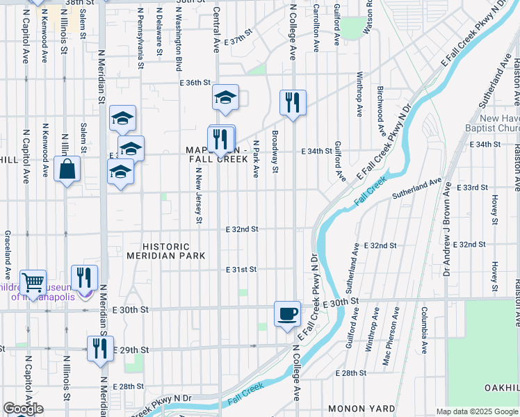 map of restaurants, bars, coffee shops, grocery stores, and more near 3216 Broadway Street in Indianapolis