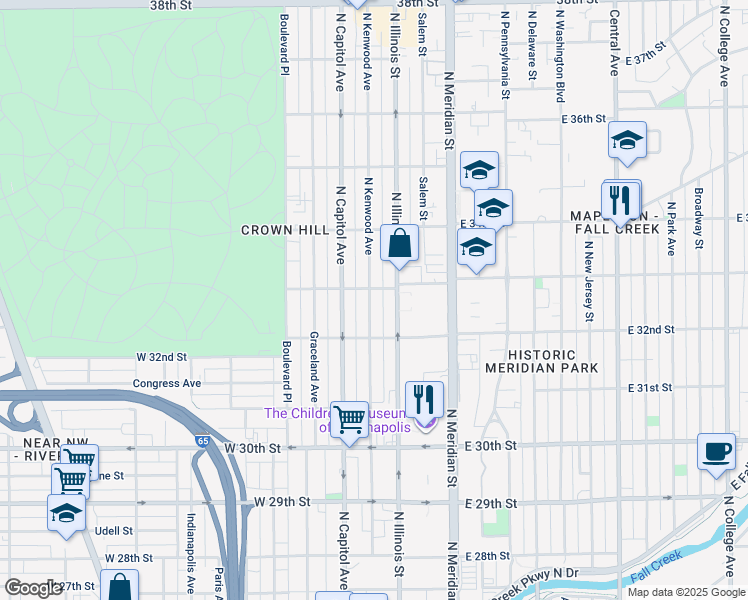 map of restaurants, bars, coffee shops, grocery stores, and more near 3227 North Kenwood Avenue in Indianapolis