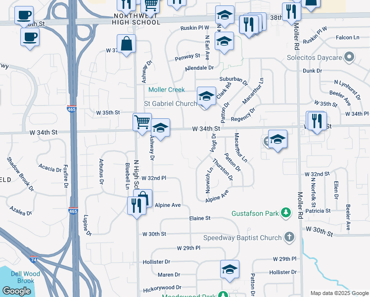 map of restaurants, bars, coffee shops, grocery stores, and more near 6040 Ashway Court in Indianapolis