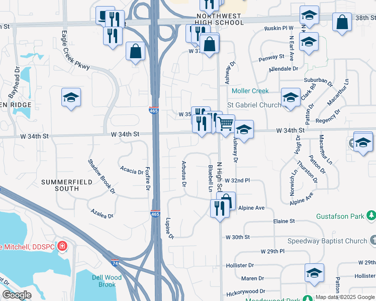 map of restaurants, bars, coffee shops, grocery stores, and more near 6419 Thistle Drive in Indianapolis