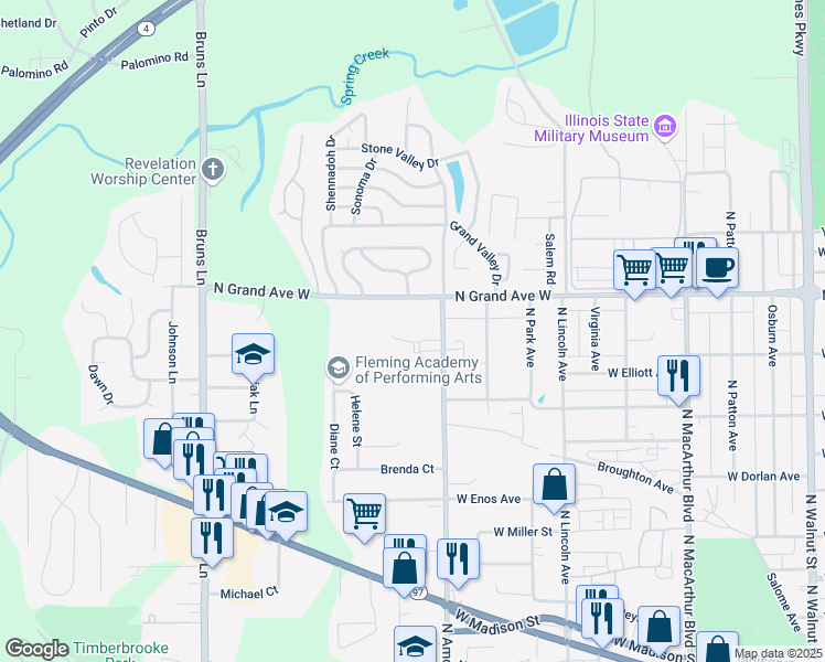map of restaurants, bars, coffee shops, grocery stores, and more near 1103-1199 North Amos Avenue in Springfield