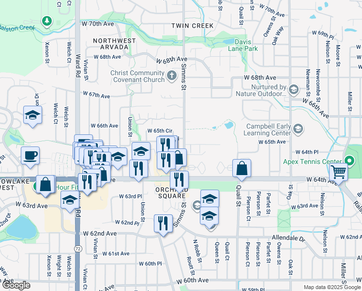 map of restaurants, bars, coffee shops, grocery stores, and more near 6533 Simms Street in Arvada