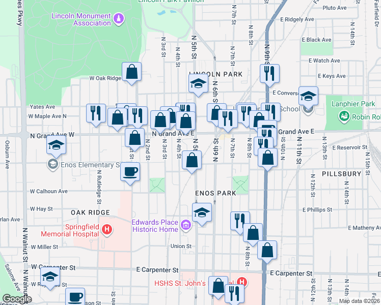 map of restaurants, bars, coffee shops, grocery stores, and more near 1116 North 5th Street in Springfield