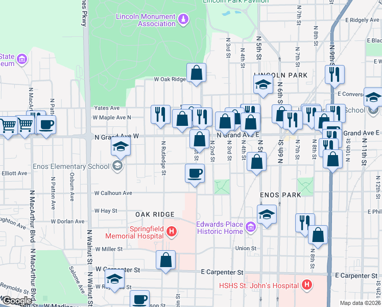map of restaurants, bars, coffee shops, grocery stores, and more near 1101 North 1st Street in Springfield