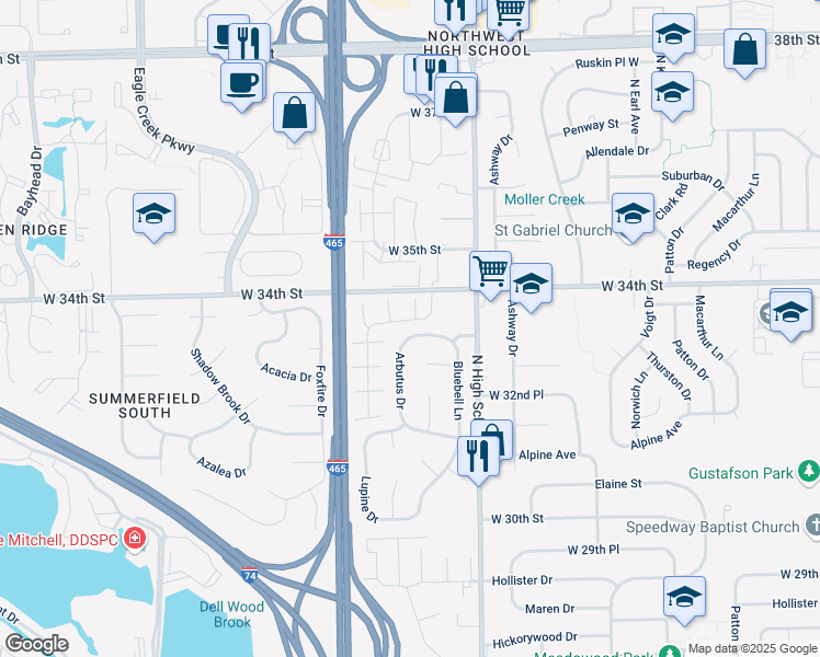 map of restaurants, bars, coffee shops, grocery stores, and more near 6419 Thistle Drive in Indianapolis