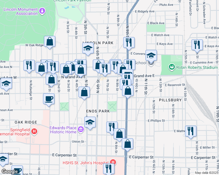 map of restaurants, bars, coffee shops, grocery stores, and more near 1104 North 7th Street in Springfield
