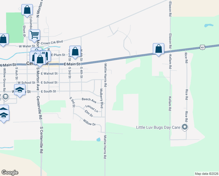 map of restaurants, bars, coffee shops, grocery stores, and more near 305 Mattie Harris Road in Centerville